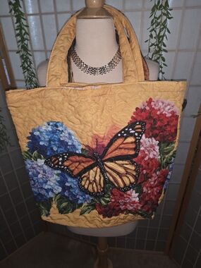 Yellow Quilted Tote with Butterfly & Floral Print